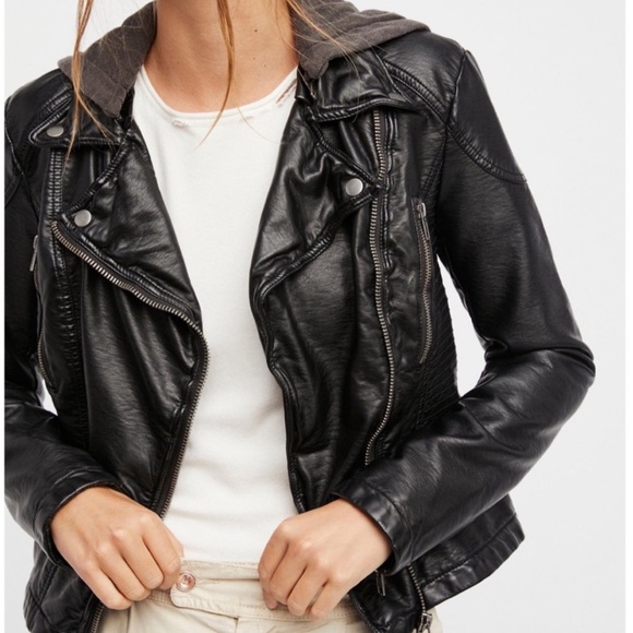 Free People Jackets & Blazers - Free People Black faux leather hooded moto jacket~